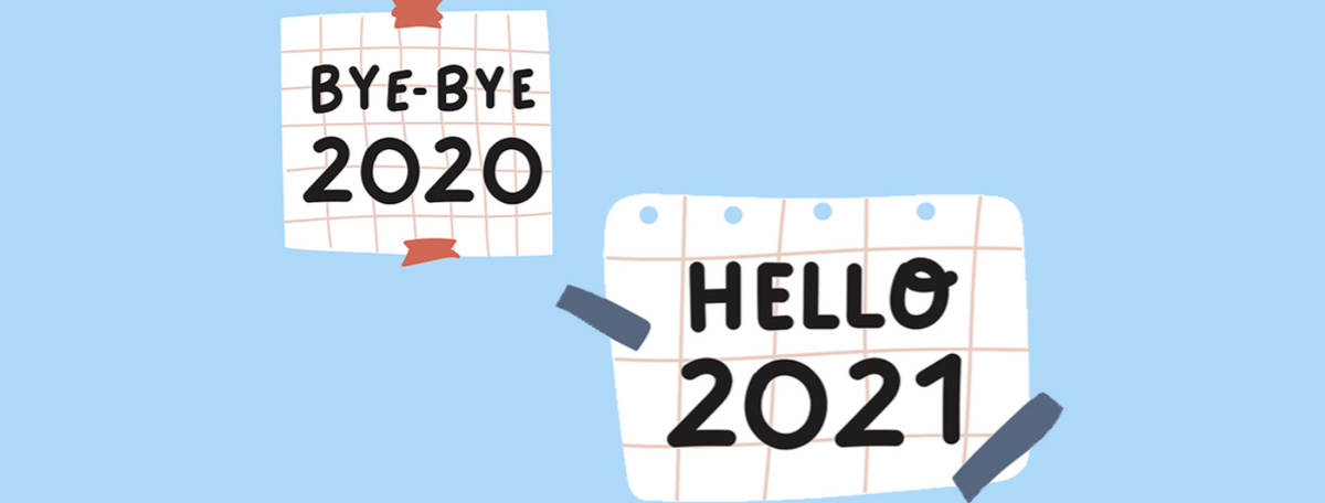 Bilde med blå bakgrunn og teksten "bye-bye 2020, hello 2021"