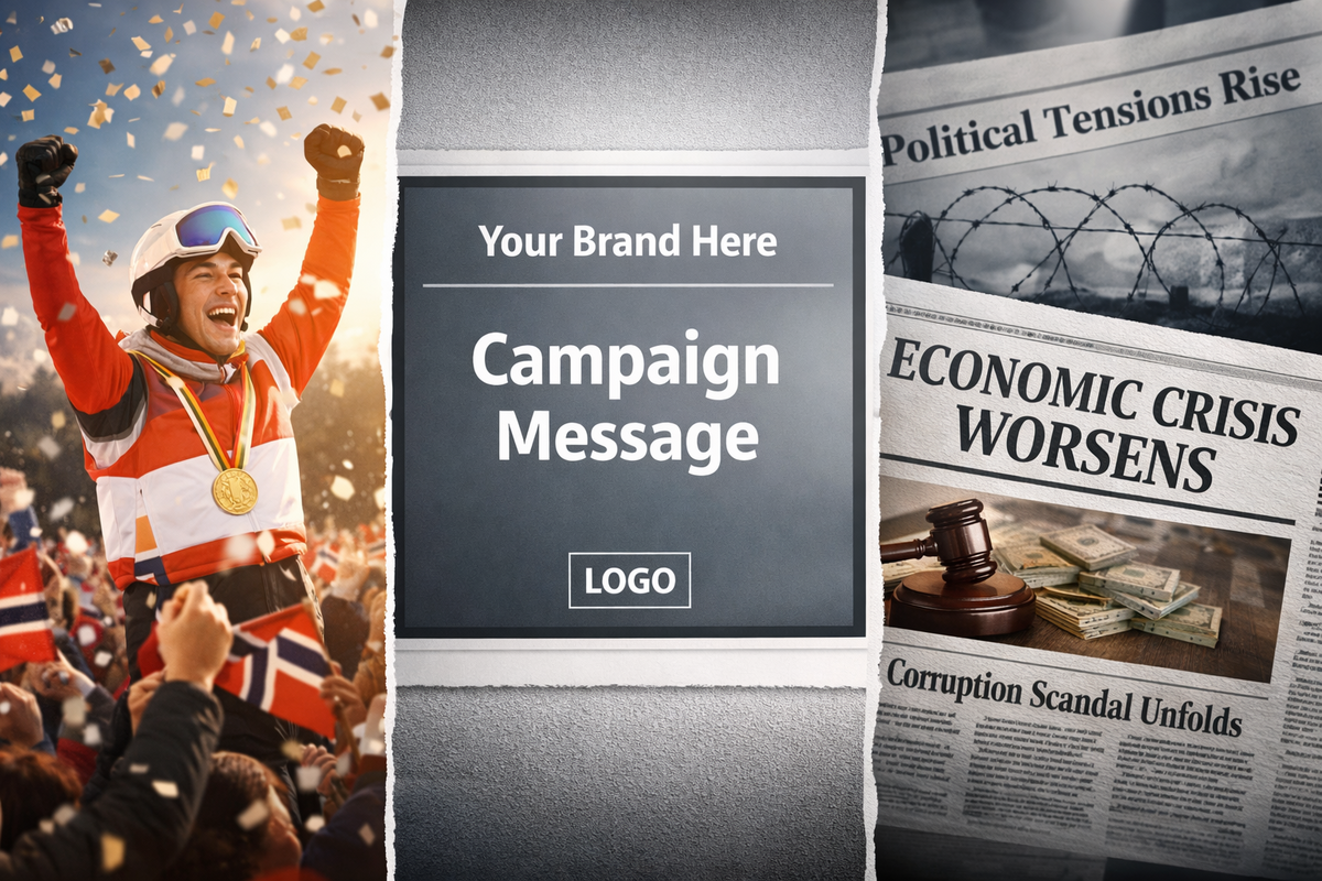 A split-screen image showing a joyful sports celebration on one side and serious news headlines on the other, with a neutral ad in the center reading “Campaign Message,” highlighting how brand context can shift instantly.