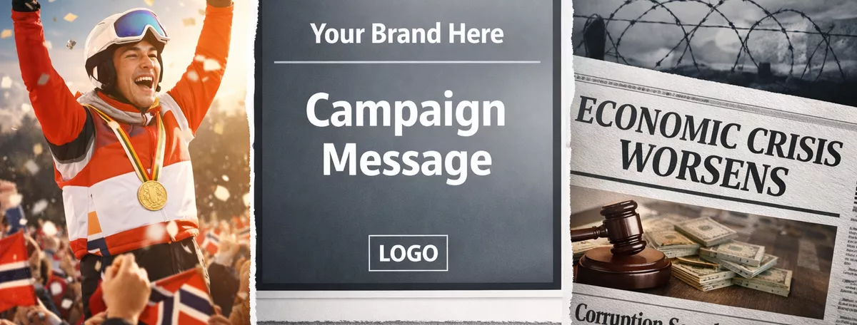 A split-screen image showing a joyful sports celebration on one side and serious news headlines on the other, with a neutral ad in the center reading “Campaign Message,” highlighting how brand context can shift instantly.