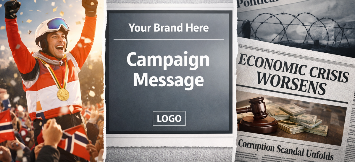 A split-screen image showing a joyful sports celebration on one side and serious news headlines on the other, with a neutral ad in the center reading “Campaign Message,” highlighting how brand context can shift instantly.