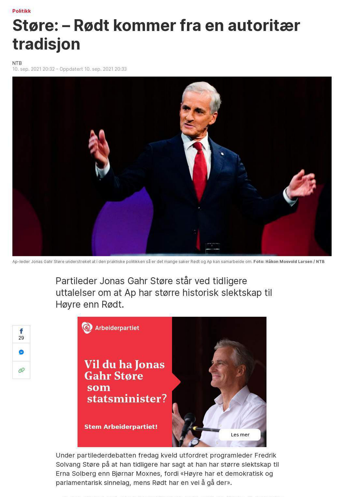 Contextual advertising - winning political party Arbeiderpartiet
