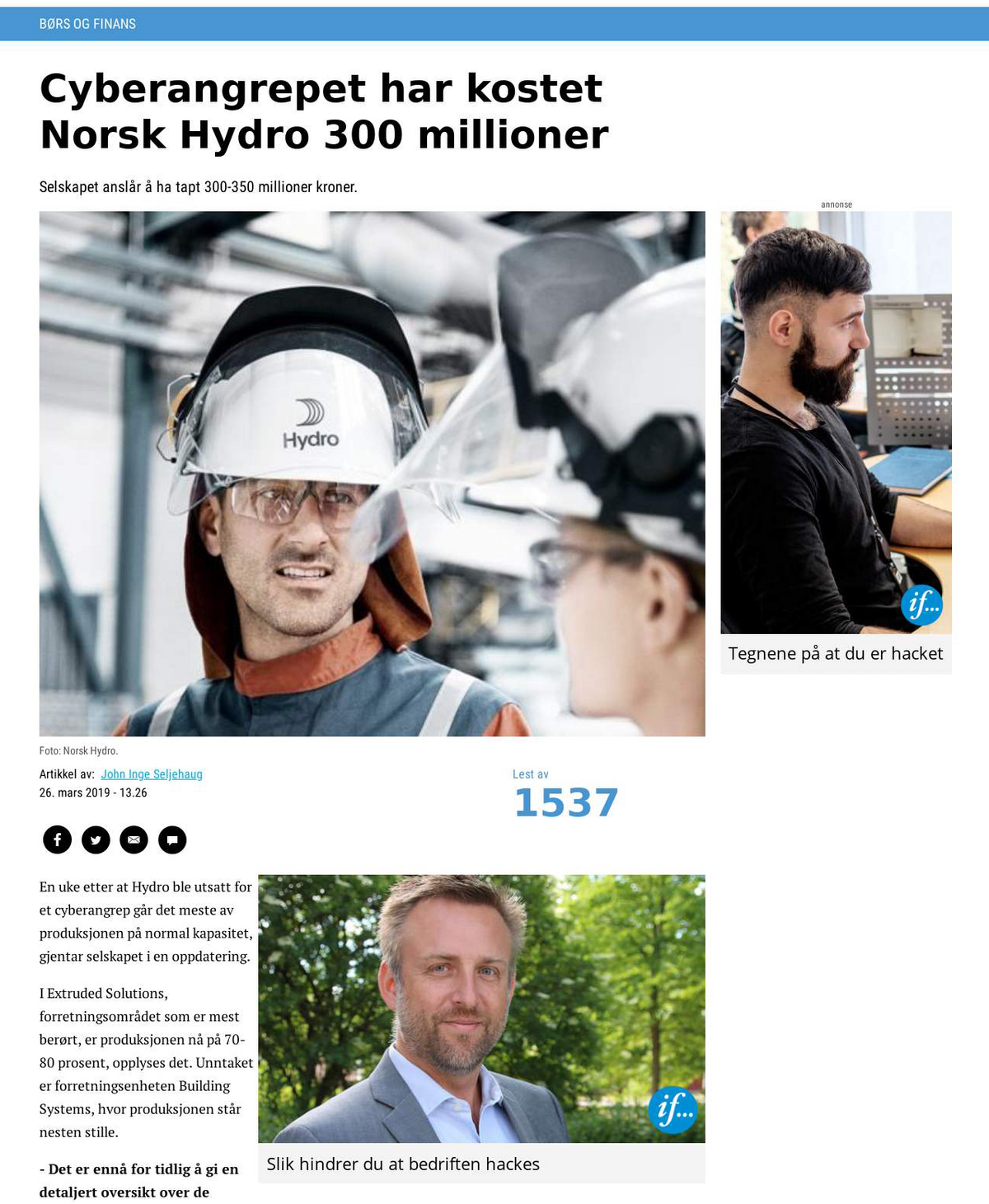 Kontekstuell annonsering av If i forbindelse med cyperangrepet på Hydro