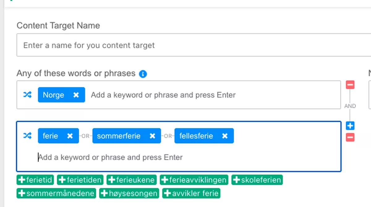 Skjermbilde av Content Target i Kobler plattformen