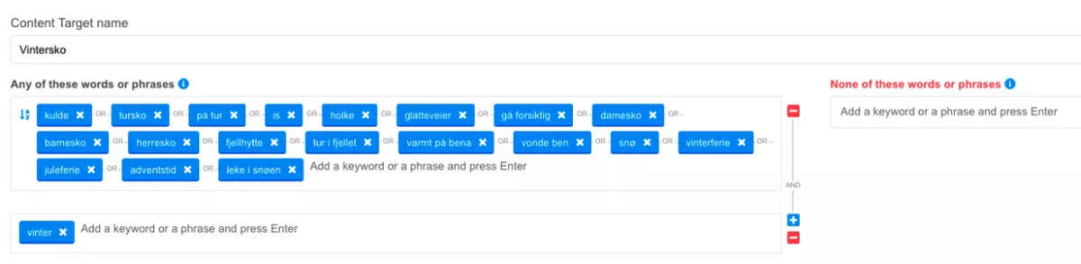 Bilde som viser nøkkelordene i Content Target